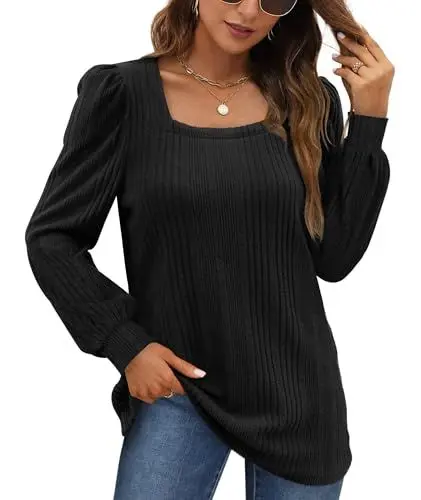 Produktbild: WIHOLL Pullover Damen Puffärmel Strickpullover Damen Quadratischer Hals Langarmshirt Top Damen Tunika Lässiger Oberteile Damen für Herbst Winter Schwarz M