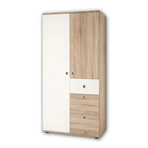 Produktbild: WIKI Eleganter Babyzimmer Kleiderschrank 2-türig - Vielseitiger Drehtürenschrank mit viel Stauraum in Eiche Sonoma Optik, Weiß - 90 x 191 x 53 cm (B/H/T)