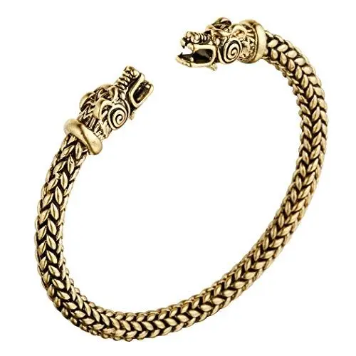 Produktbild: Wikinger Drachenkopf Armreif, AILUOR Einzigartiges Design Drachen Herren Armband Edelstahl Verdrehten Stahlkabel Armreif Keltischer Knoten Manschette - Elastische Verstellbare (Gold)