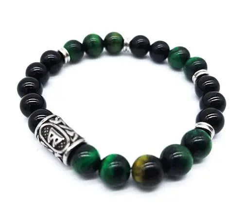 Produktbild: Wikinger Futhark Rune Edelstein Armband (18/21 cm, Damen/Herren) in Geschenkbox | Schutz Glück Energie (21, Rune BERKANO Grünes Tigerauge Onyx | Birke Fruchtbarkeit Neubeginn)