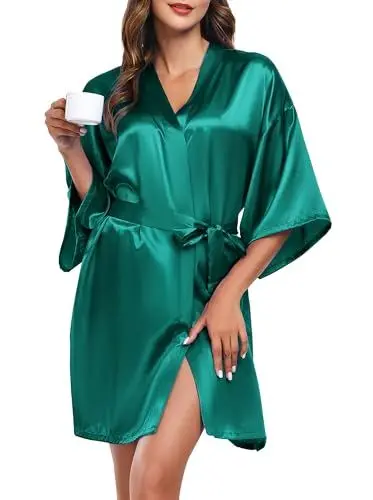 Produktbild: Wikoan Bademantel Kimono Robe Damen Kurz Seide Satin Bademäntel Mit Gürtel Leichte Morgenmantel V-Ausschnitt Bathrobe Sexy Grün S