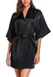 Produktbild: Wikoan Kimono Robe Damen Satin Bademantel Kurzer Sexy Morgenmantel Mit Gürtel Bademäntel V-Ausschnitt Nachtwäsche Bathrobe A-Schwarz XL