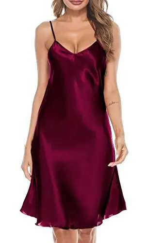 Produktbild: Wikoan Sexy Nachthemd Damen Satin Babydoll Negligee V-Ausschnitt Nachtkleid Sommer Nachtwäsche Frauen mit Verstellbare Träger A-Weinrot S