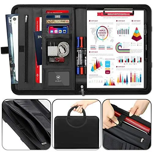 Produktbild: wilbest® A4 Schreibmappe, Multifunktions Ledermappe, Große Fächern für Tablet, Reißverschlussfach, Facheinschließlich Schreibbloc, 4 Kartenfächer, Faltbaren Magnetgriffen, Wasserdicht Dokumentenmappe
