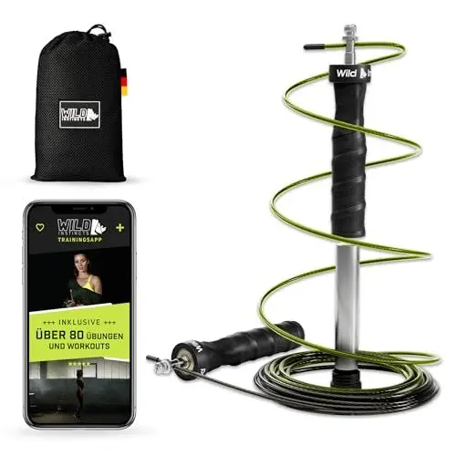 Produktbild: Wild Instincts Profi Springseil, Anti-Rutsch Griffe, 3m Stahlseile/Sprungseil mit Kugellager/Extragewichte mit Tasche/Speed Rope/Jump Rope für Seilspringen/Springseil Erwachsene Fitness (Meshtasche)