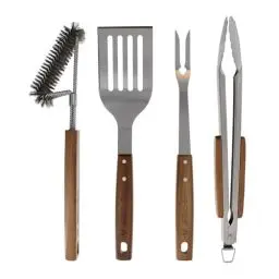 Produktbild: WildeGrillerei Grillbesteck Set 4-teilig aus Edelstahl Grill-Set 42 cm mit Holzgriffen und Aufhänge-Ösen Grillzubehör bestehend aus Grillzange, Grillbürste, Grillwender und Fleischgabel