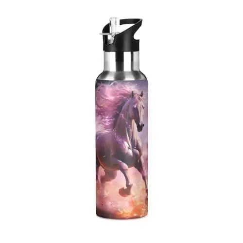 Produktbild: Wildes Afrikanisches Pferd Lila Trinkflasche Wasserflasche mit Strohhalm, Thermosflasche Vakuumisolierte aus Edelstahl 18/8, BPA-frei für Kinder Sport Wandern Schule (600ml/1L)