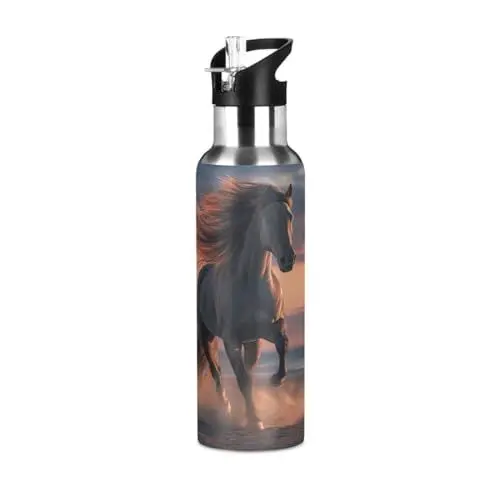 Produktbild: Wildes Wüstentier Pferd Trinkflasche Wasserflasche mit Strohhalm, Thermosflasche Vakuumisolierte aus Edelstahl 18/8, BPA-frei für Kinder Sport Wandern Schule (600ml/1L)