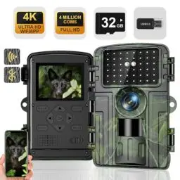 Produktbild: Wildkamera, 4K Video Wildtierkamera, 60MP Full HD WLAN mit Handyübertragung APP, Bewegungssensor, Nachtsicht, 0,1s Auslösezeit, Infrarot Wildkamera mit 32G Speicherkarte & Kartenleser IP66 Wasserdicht