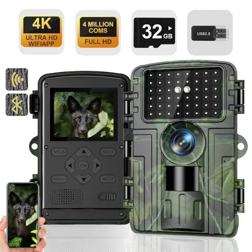 Produktbild: Wildkamera, 4K Video Wildtierkamera, 60MP Full HD WLAN mit Handyübertragung APP, Bewegungssensor, Nachtsicht, 0,1s Auslösezeit, Infrarot Wildkamera mit 32G Speicherkarte & Kartenleser IP66 Wasserdicht