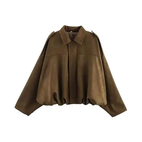 Produktbild: wildleder jack Wildlederjacke Kurz : Oversized Bomberjacke aus Weichem Kunstwildleder mit Fleece-Futter, Kurze Lederjacke im Casual Look, Streetwear winterjacke damen