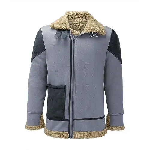 Produktbild: Wildlederjacke Herren GefüTtert Lammfell GefüTtert Mit Stehkragen Bomberjacke Trucker Jeansjacke Mit ReißVerschluss Reverskragen Pelzmantel GefüTtert Motorradjacke Mit Teddy-Futter(Grey,3XL)