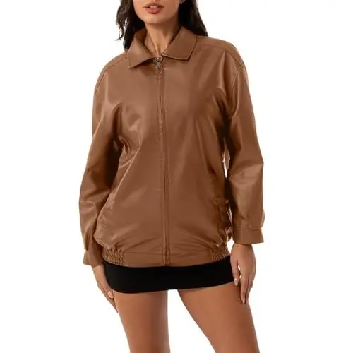 Produktbild: wildlederjacke für damen Lederjacke Kurz Oversized Kunstlederjacke Lederoptik Motorradjacke Herbst Reverskragen Leder Jacke Winddicht Winterjacke Lammnappa Damenjacken übergangsjacken damen