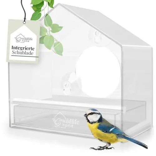 Produktbild: WILDLIFE HOME Fenster Futterhaus für Wildvögel I Transparent mit herausnehmbarer Futterkassette I Vogelhaus mit Saugnäpfen, Futterspender, Vogelfutterhaus für Wildvögel, Clever