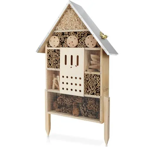 Produktbild: WILDLIFE HOME Insektenhotel XXL Stehend Bienenhotel mit Standfuß 79 cm & Metalldach I Groß Wildbienenhotel, Insektenhaus für Bienen, Marienkäfer & Schmetterlinge, fertiges Insektenhotel kein Bausatz