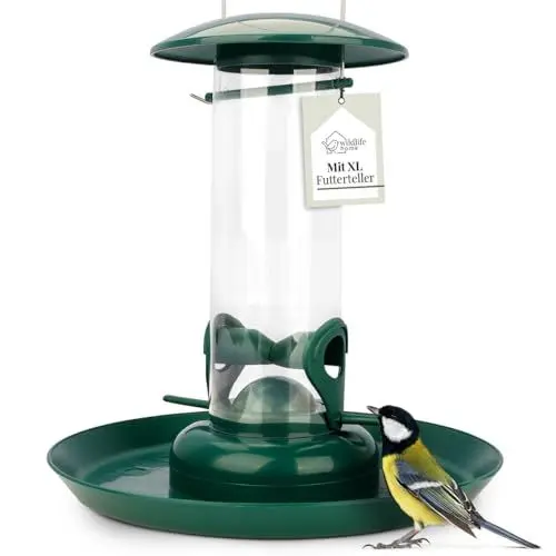Produktbild: WILDLIFE HOME Körner Futtersäule mit XL Futterteller, Grün I Vogelfutterspender zum Aufhängen Garten & Balkon I Vogelfutterspender, Futterstation zur ganzjährigen Wildvögel Fütterung