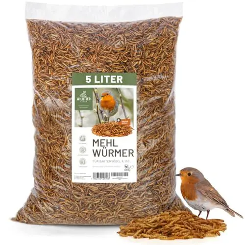 Produktbild: wildtier liebe Edel Mehlwürmer getrocknet 5L I Getrocknete Mehlwürmer für Vögel & Igel I Insektensnack, Vogelfutter, Igelfutter - Premium Insektenfutter für Wildvögel