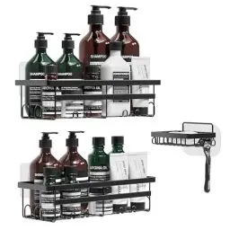 Produktbild: W&S Duschregal 3er Set - Duschablage Badablage ohne Bohren Edelstahl | 2 Badregale + 1 Seifenablage Rostfrei Rutschfest Badezimmer Shower Caddy Duschkorb mit Magic Sticker Shampoo Halterung Organizer