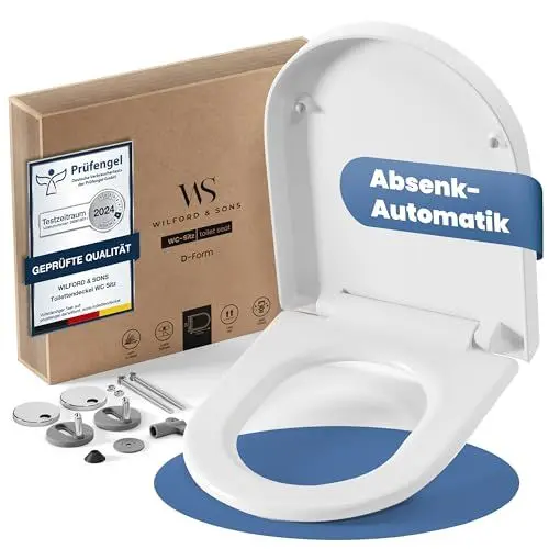 Produktbild: Wilford & Sons PREMIUM Toilettendeckel - WC Sitz mit Absenkautomatik - Klodeckel D-Form weiß - Hochwertige Klobrille, Toilettensitz Klo Deckel abnehmbar, Einfache Reinigung - Toilettenbrille Duroplast