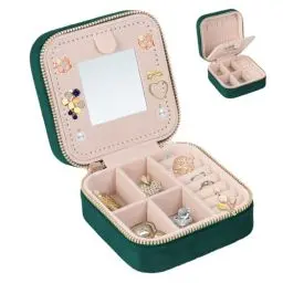 Produktbild: Willdone Kleines Reise-Schmuckkästchen mit Spiegel und Reißverschluss，Samt-Schmuckkästchen Schmuckbox Jewelry Box für Ringe,Armbänder,Ohrringe,Halskette(Grün)