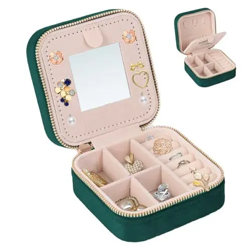 Produktbild: Willdone Kleines Reise-Schmuckkästchen mit Spiegel und Reißverschluss，Samt-Schmuckkästchen Schmuckbox Jewelry Box für Ringe,Armbänder,Ohrringe,Halskette(Grün)