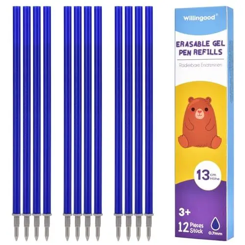 Produktbild: Willingood 12x Radierbarer Ersatzminen Blau - Kompatibel Mit Legami - Einfach zu radieren - Stiftspitze 0,7mm,Höhe 13 cm