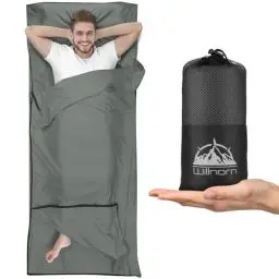 Produktbild: WILLNORN Hüttenschlafsack Upgraded Zwei-Wege-Reißverschlüsse Reiselaken,Ultra leicht Reiseschlafsack Sommerschlafsack,Reisen & Hostel Schlafsack(Dunkelgrau)