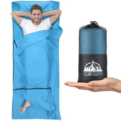 Produktbild: WILLNORN Hüttenschlafsack Zwei-Wege-Reißverschluss XL 220x95 cm – Mikrofaser Reiseschlafsack Inlett, Leicht & Komfortabel, Ideal für Hostel & Camping