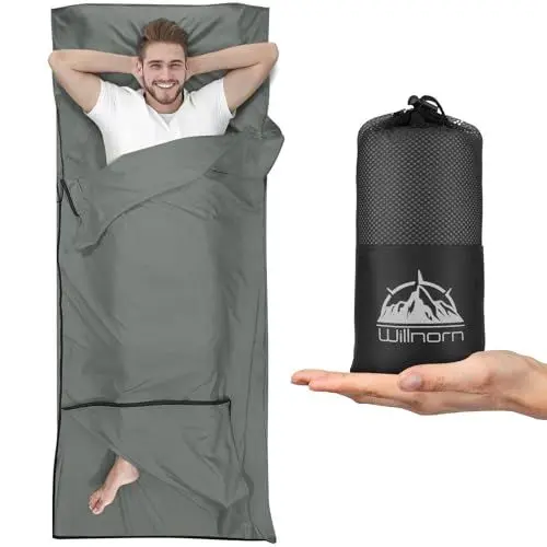 Produktbild: WILLNORN Hüttenschlafsack Zwei-Wege-Reißverschluss XL 220x95 cm – Mikrofaser Reiseschlafsack Inlett, Leicht & Komfortabel, Ideal für Hostel & Camping