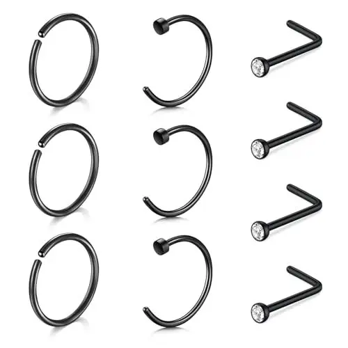 Produktbild: WillTen 10Pcs Nasenring Silber Gold Nasenstecker Nasenpiercing Schmuck, 20G 18G Nasenreifen Nasenstecker Dünner Nasenring Set L Form Nasenstecker Chirurgenstahl Nasenschmuck für Frauen, Metall