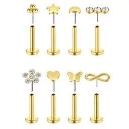 Produktbild: WillTen 8PCS Tragus Piercing Gold, 16G 6mm Tragus Piercing Chirurgenstahl mit Cubic Zirkonia, Piercing Ohr Lippenpiercing Knorpel Helix Piercing Schmuck für Frauen Mädchen
