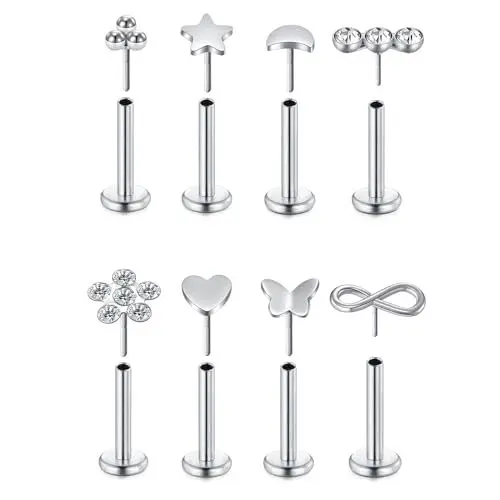 Produktbild: WillTen 8PCS Tragus Piercing Silber, 16G 6mm Tragus Piercing Chirurgenstahl mit Cubic Zirkonia, Piercing Ohr Lippenpiercing Knorpel Helix Piercing Schmuck für Frauen Mädchen