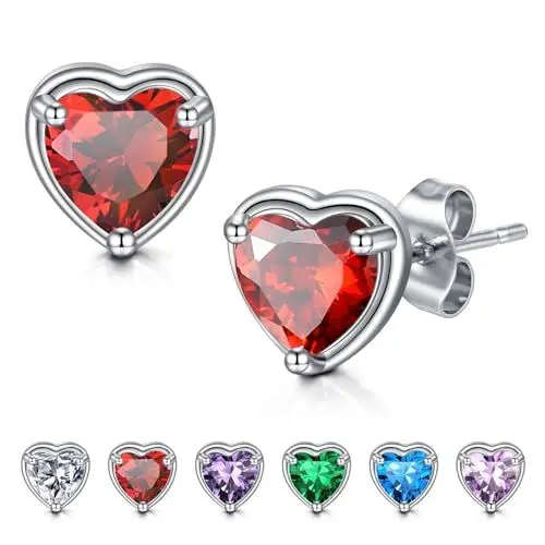 Produktbild: WillTen Herz Ohrringe Granat Silber Ohrstecker Ohrringe für Frauen, 925 Sterling Silber kubischer Zirkonia Geburtsstein Ohrringe Schmuck für Mädchen Frauen