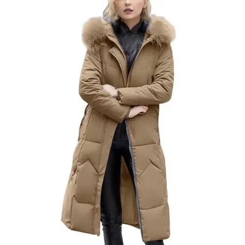 Produktbild: WILMOT 2023 Damen Schlicht Lang Daunenjacke Frauen Warme Jacke mit Kapuze Damen Herbst Winter Pufferjacke Daunenmantel Down Coat Steppjacke Übergangsjacke Mäntel(Khaki,3XL)