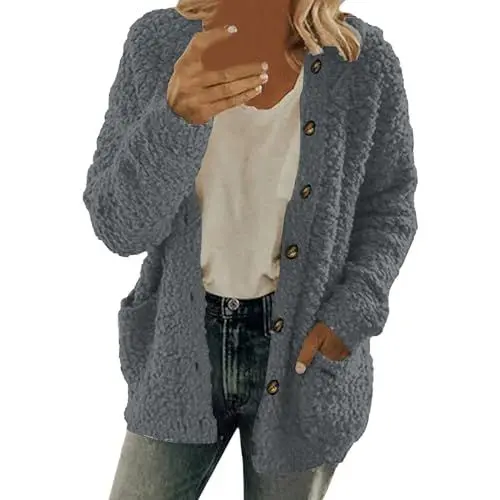 Produktbild: WILMOT Damen Fleecejacke Winter Teddy Mantel Warm Flauschig Jacke Dicke Gefüttert Plüschjacke Casual Langarm Wolljacke Kuschelig Einfarbig Winterjacke mit Taschen Teddyjacke(Dark Gray,XXL)