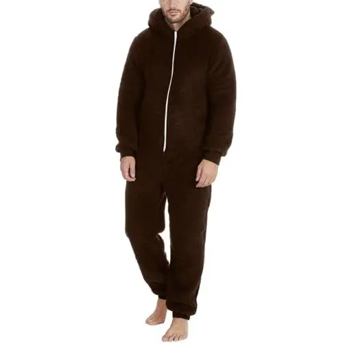 Produktbild: WILMOT Herren Paar Jumpsuit Kuschelig Lustig Lang Pyjama Winter Warm Plüsch Overall Schlafoverall Reißverschluss Teddy Fleece Einteiler Onesie Einteiler Onesie Schlafanzug(Brown,5XL)