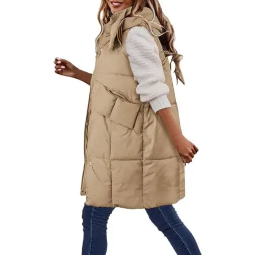 Produktbild: WILMOT Lang Jacke Weste Damen Daunenweste mit Kapuze Reißverschluss Winter Warm Steppweste Ärmellose Lange Übergangsweste Longweste Leicht Winterjacke Winterweste Daunenmantel(Khaki,XL)