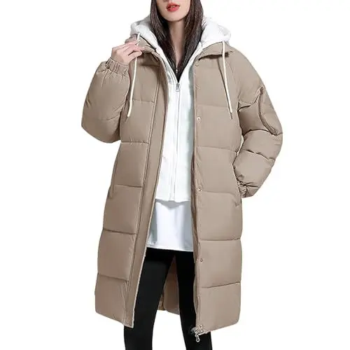 Produktbild: WILMOT Winterjacke Damen Winter Jacken Lang Warm Daunenmantel mit Kapuze Elegant Wintermantel Steppmantel mit Fellkapuze Steppjacke Langer Outdoor Mantel(Khaki,M)