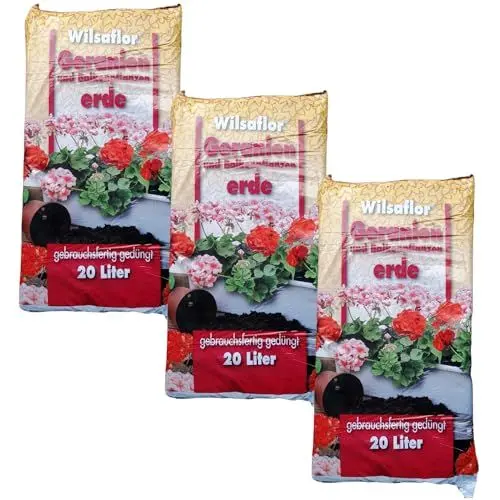 Produktbild: Wilsaflor Geranien-Blumenerde Balkonpflanzen-Erde Grünpflanzen Zimmerpflanzen 3X 20 L Sack Qualitäts Pflanzerde - 60 Liter