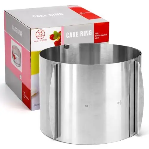 Produktbild: Wilytoy Tortenring Verstellbar 16-30cm - Tortenring hoch 15cm für hohe und mehrschichtige Kuchen Edelstahl Tortenring mit eingravierter Skala und Befestigungsclips für Torten Desserts
