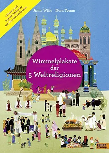 Produktbild: Wimmelplakate der 5 Weltreligionen: 5 Plakate und 6 große Infokarten mit über 200 Sachtexten
