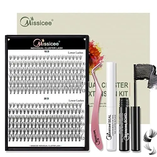 Produktbild: Wimpern Extensions Set, Missicee Falsche Lash Extension Set für Wimpernverlängerung mit Lang Anhaltende Einzelne Wimpern Kleber und Schuzter &Pinzette für Wimpernverlängerung（10D+20D 8–12 mm D Curl）…