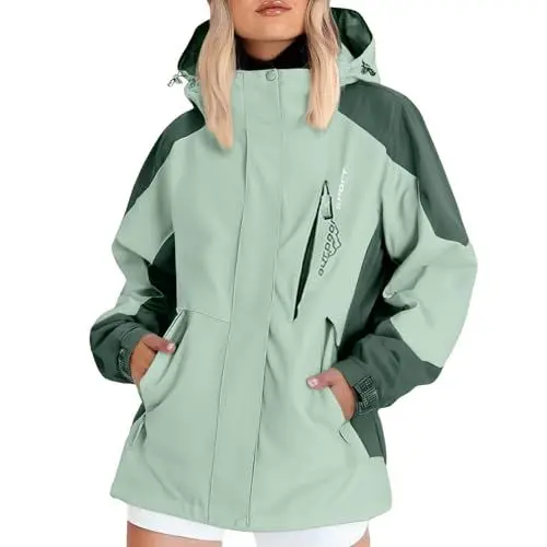 Produktbild: Wind Breaker Gelbe Regenjacke Damen Laufjacke Wasserdicht Atmungsaktiv Ledermantel Outdoorjacke mit 2-Wege-Zipper Festival Regenponcho Grün 3Xl