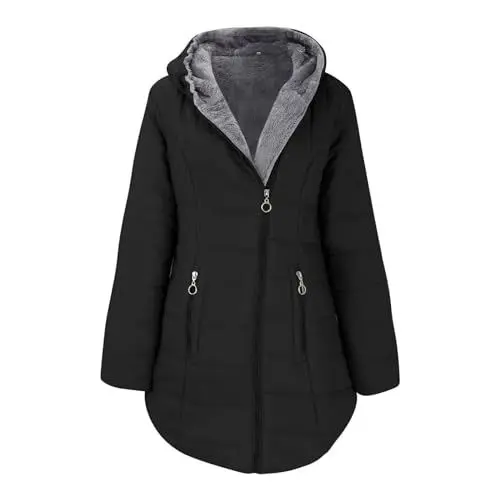Produktbild: Windjacke Damen Wasserdicht Atmungsaktiv Warm Damen Winter Warm Wollkragen Wattierte Jacke Reißverschluss Langarm Slim Fit Wattierte Jacke Kapuzenmantel Cape Coat übergangsjacke Damen (Black, XXL)
