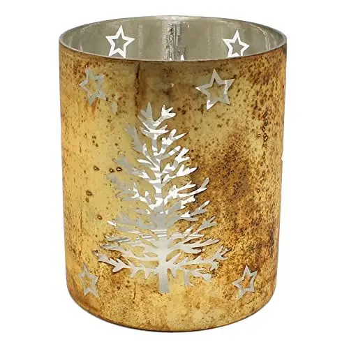 Produktbild: Windlichtglas mit winterlichem Dekor - Sterne und Baum - aus Glas in Gold, Maße H/Ø: ca. 18 x 15 cm