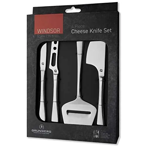 Produktbild: Windsor 4er Set von Käsemessern aus Edelstahl 18/0 – Hochglanzpoliert, Geschenkbox, hängend, gemischte Besteckset, Silber