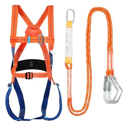 Produktbild: WingFly Fallschutz Auffanggurt, Absturzsicherung Sicherheitsgurt Set 5 Punkt Vollkörper Auffanggeschirr, Max 100kg, Fallschutz Sicherheitsseil mit Puffer für Arbeiten in der Luft, Bergsteigen