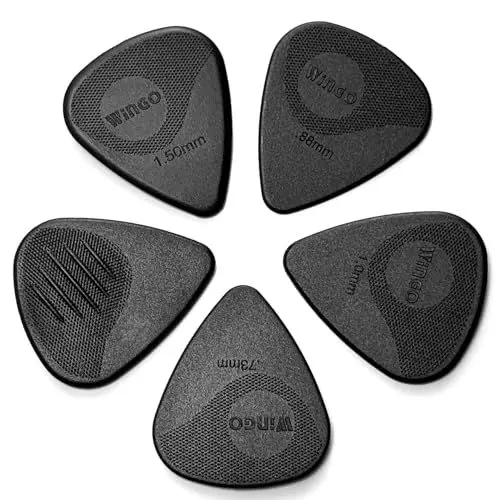 Produktbild: WINGO Gitarrenplektren mit Griffprägung, rutschfeste Plektren, 5 Stück (073, 088, 1,0, 1,25, 1,5 mm) für Akustik-, E-Gitarre, Bass, schwarz.