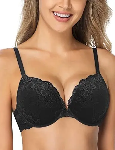 Produktbild: Wingslove Damen Push Up BH mit floraler Spitze gepolsterter Bügel BH Komfort BH, Schwarz, 38B / 85B