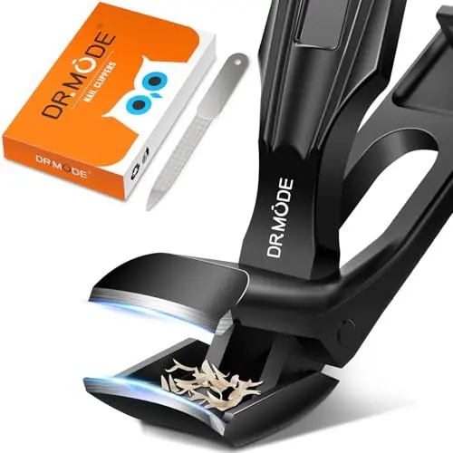 Produktbild: Winkelkopf Nagelknipser Fußnägel - DRMODE Ergonomischer Nagelknipser mit Auffangbehälter Nagelzwicker für Dicke Nägel Premium Stahl- Nail clipper für Senioren Männer und Frauen Schwarz